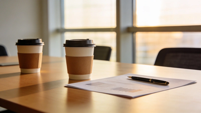 Kancelársky stôl s dokumentmi a kávou pri rokovaní o plate