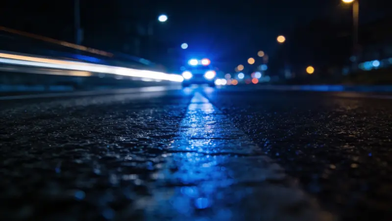 Modré svetlo odrážajúce sa na mokrej ceste v noci