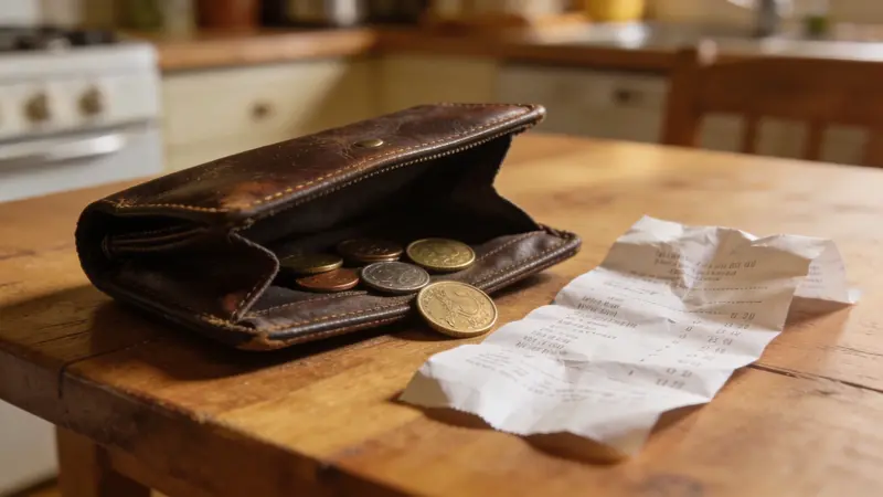 Práca – peňaženka s drobnými mincami a bločkami z obchodu