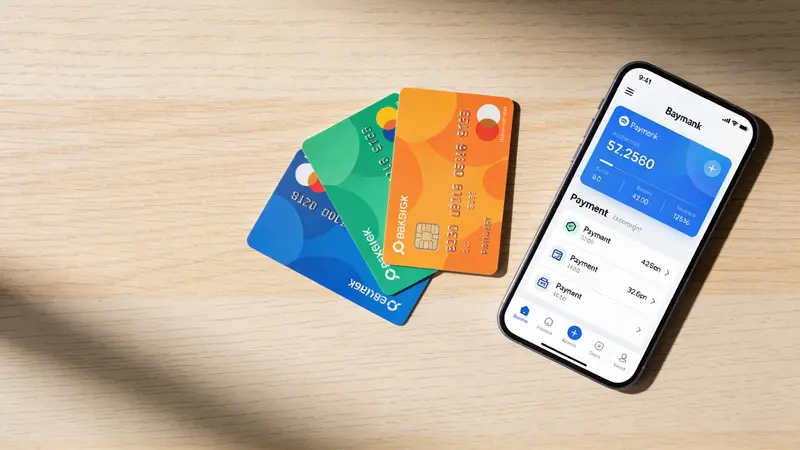 Farebné platobné karty rozložené na stole vedľa telefónu s bankovou aplikáciou