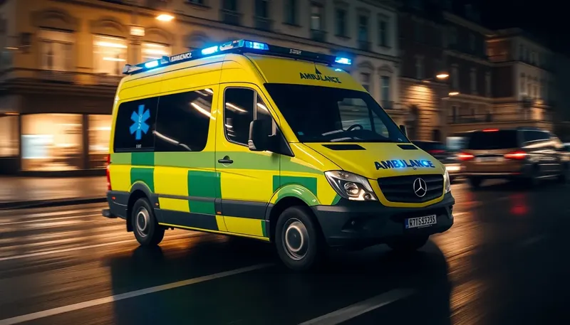 Sanitka s blikajúcimi modrými svetlami v nočnej ulici