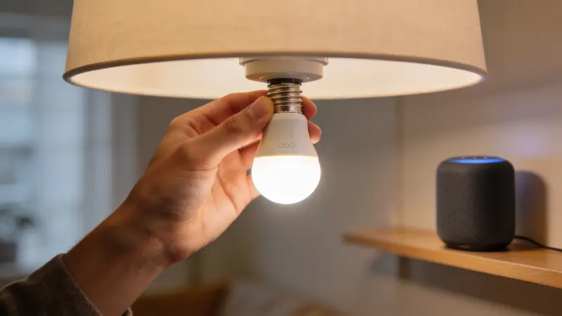 Ruka zaskrutkúva smart žiarovku, v pozadí smart reproduktor