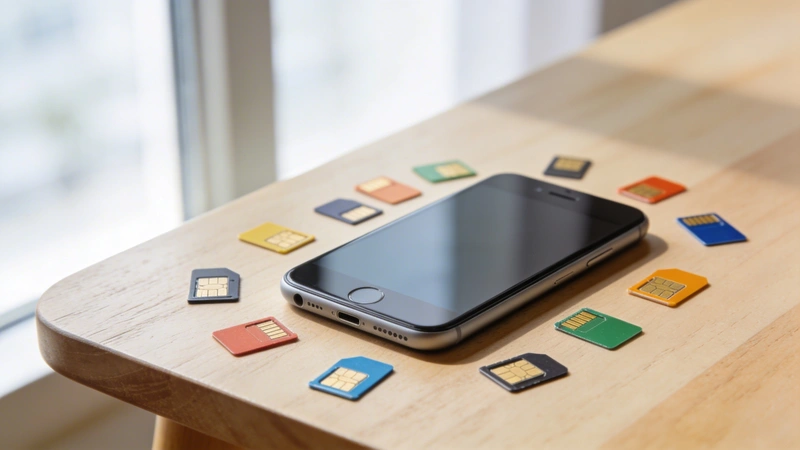 Smartfón obklopený farebnými SIM kartami na drevenom stole