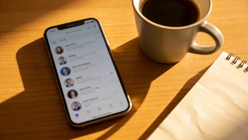 Telefón na stole s profesionálnou sociálnou sieťou vedľa kávy