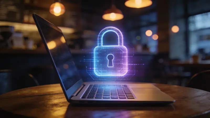 Laptop s digitálnym zámkom v kaviarni