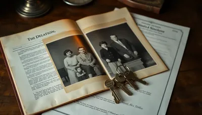 Staré rodinné fotografie a kľúče na dokumentoch