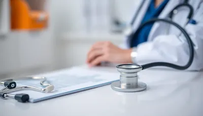 Zdravie – stetoskop na stole a lekár v pozadí